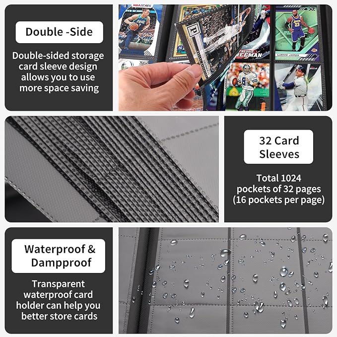 1000+ Pockets Trading Card Binder, 16 Pocket Ringless Card Binder Album Folder - Premium Side Loading Zip Binder for Yu-Gi-Oh, TCG, Sports, Game Trading Cards -Black