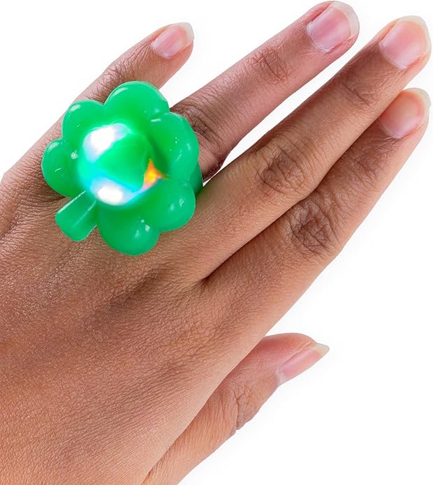 Super Z Outlet Four Leaf Clover Lucky St. Patrick's Day Green Shamrock LED Light Up Toy Party Favors Rings Accessories (18 Pack)