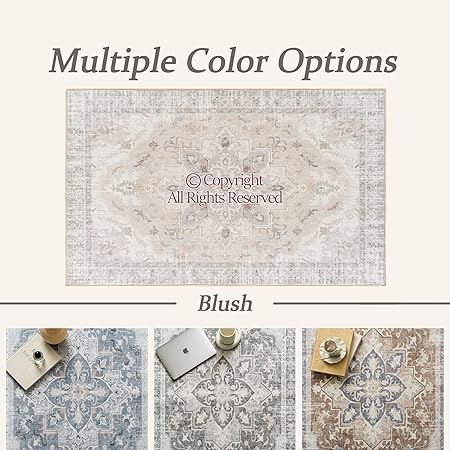 Boho Tribal Living Room Rug - 6x9 Washable Area Rug with Non-Slip Backing Low-Pile Bohemian Printed Rug Distressed Rug 6x9 Large Carpet for Living Room Office Farmhouse Bedroom -Light Blush