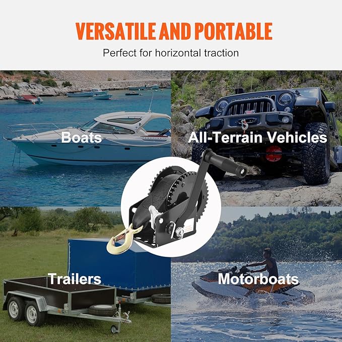 Happybuy Manual Winch, Pulling Force of 2000 lbs, Durable Trailer Winch with 23 ft Polyester Strap, Dual-Direction Ratchet, Robust Rope Crank for Towing Trailer, Boat or ATV