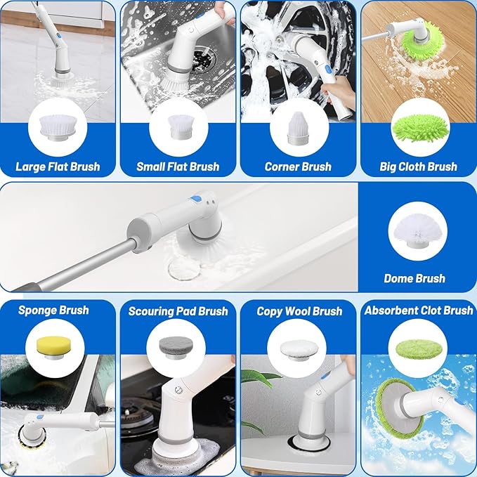 Electric Spin Scrubber Cordless BestMal 9 in 1 Tornado Scrub Shower Scrubber Power Scrubber for Cleaning Electric Scrubber for Cleaning Shower Brush Electric Grout Scrubber Bathroom Cleaning Tools