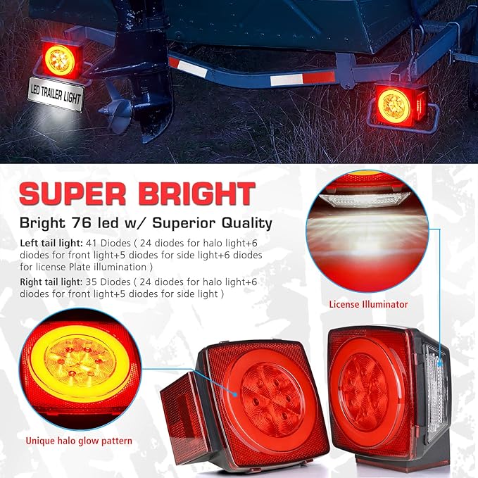 LINKITOM New Halo Submersible LED Trailer Light, Super Bright Brake Stop Turn Tail License Lights for Camper Truck RV Boat Snowmobile Under 80" Inch