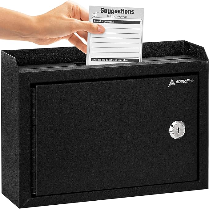 AdirCorp. Suggestion Box with Lock, Safe Wall Mounted Mail Box, Key Drop, Donation File and Money Organizer, 9.75x7x3 (Black)