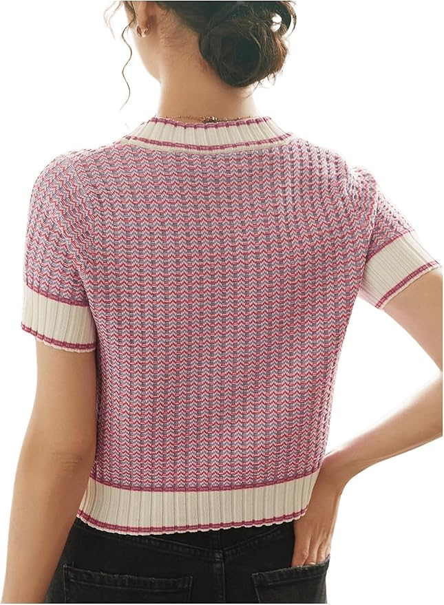 GORGLITTER Women's Colorblock Short Sleeve Sweater Ribbed Knit Striped Round Neck Pullover Tops