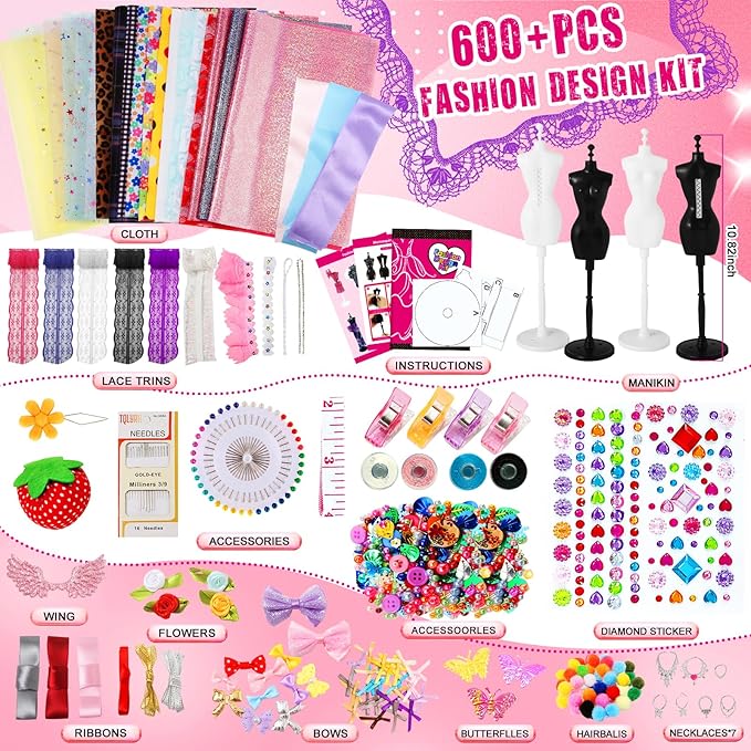 OCHIDO 600Pcs Fashion Designer Kits for Girls 6 7 8 9 10 11 12 Years Old,DIY Arts Crafts Set with 4 Mannequins,Sewing Kit for Kids for Birthday Christmas Gift for Ages Girls 6-8, 8-12