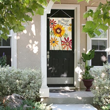 Summer Flowers House Flags for Outdoor, Hello Sunshine Sunflower Daisy Yard Flags for Outside,Seasonal Decorative Flag for Farmhouse Holiday Decoration 28x40 Inch Double Sided