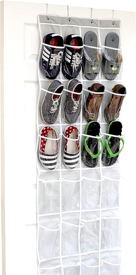 Simple Houseware 24 Pockets - Crystal Clear Over The Door Hanging Shoe Organizer, Gray (64'' x 19'')