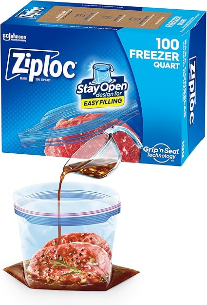 Ziploc Quart Food Storage Freezer Bags, Stay Open Design with Stand-Up Bottom, Easy to Fill, 100 Count