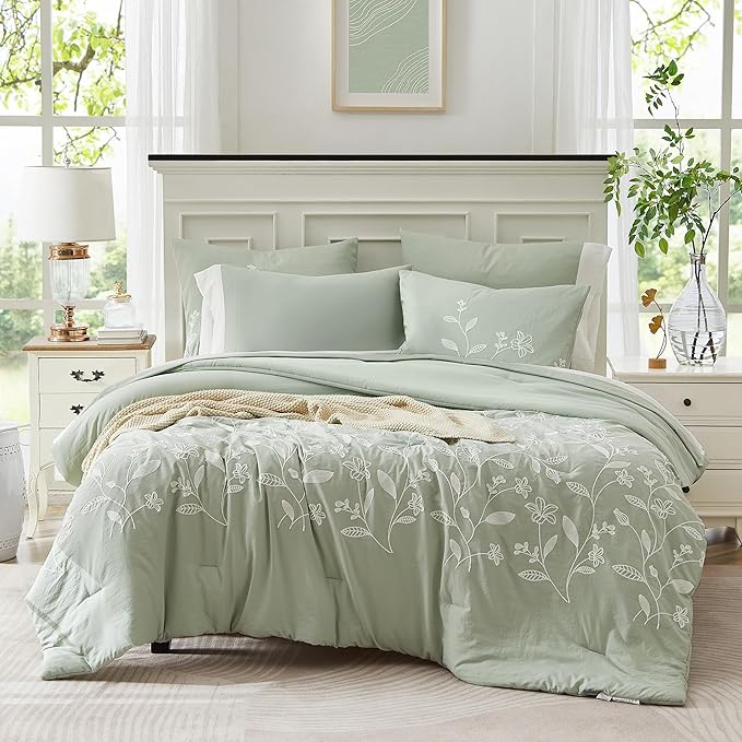 MaiRTMve Queen Size Comforter Sets, Embroidery Queen Bedding Sets 7 Pieces, Sage Green Comforter Set Queen Size, All Season Bed in A Bag Queen with Sheets, Comforter,Pillowcase Shams