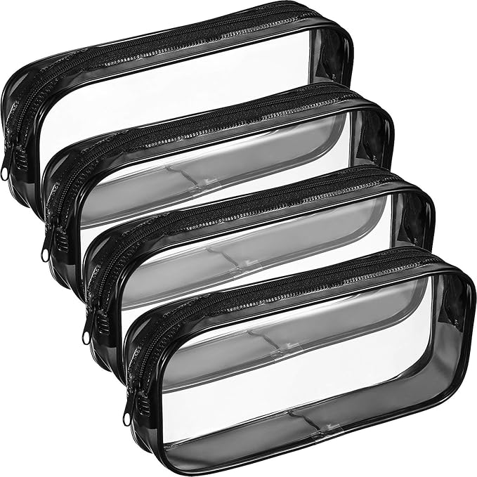 4 Pieces Clear PVC Bags Big Capacity Zipper Pencil Pouch Case Travel Luggage Makeup Cosmetic Bag(Black)