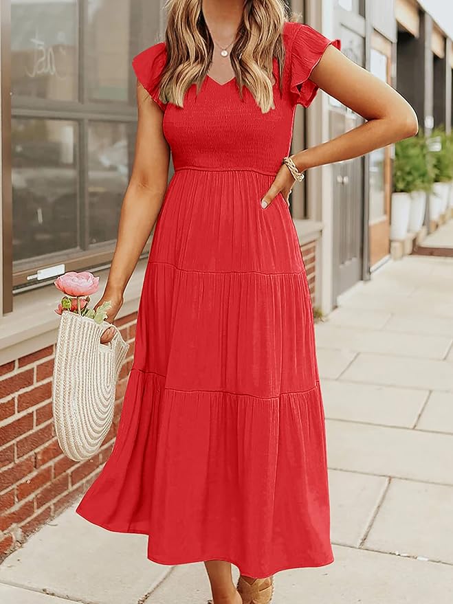 MEROKEETY Women's Flutter Sleeve Smocked Midi Dress V Neck Casual Tiered Dresses with Pockets