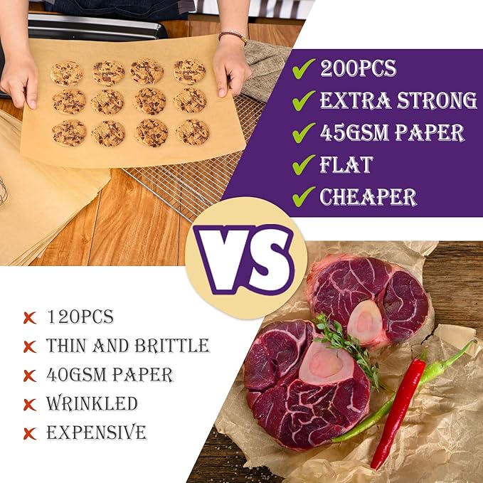 200 Pcs Unbleached Parchment Paper Baking Sheets, 12 x 16 Inch, Precut Non-Stick Parchment Sheets for Baking, Cooking, Grilling, Air Fryer and Steaming - Unbleached, Fit for Half Sheet Pans