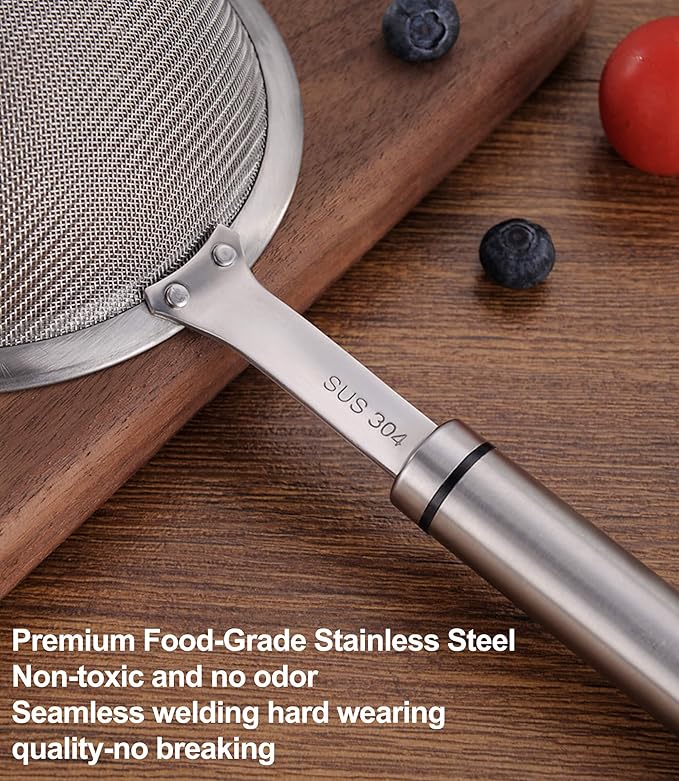3.3 inch 304 stainless steel fine mesh strainer for kitchen, strainer-skimmer with handle, metal sieves