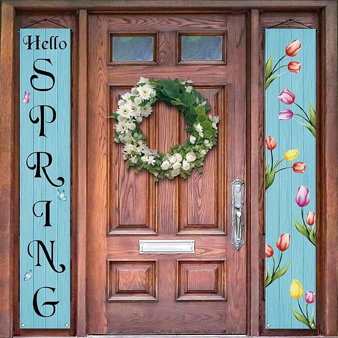 Tulips Spring Porch Banner Spring Party Sign Front Door Banner for Home Yard Indoor Outdoor Hanging Decoration
