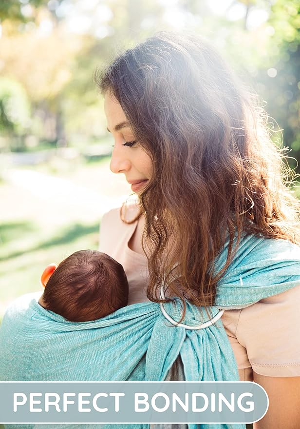 Ring Sling Baby Carrier 100 Cotton Muslin Front and Chest Newborn to Toddler Carrier and Baby Sling (Grey Turquoise)