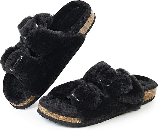 FITORY Womens Open Toe Slipper with Cozy Lining,Faux Rabbit Fur Cork Slide Sandals