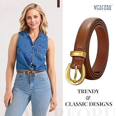 WERFORU Women Leather Belt for Jeans Pants Thin Belts for Women Fashion Waist Belt with Gold Buckle