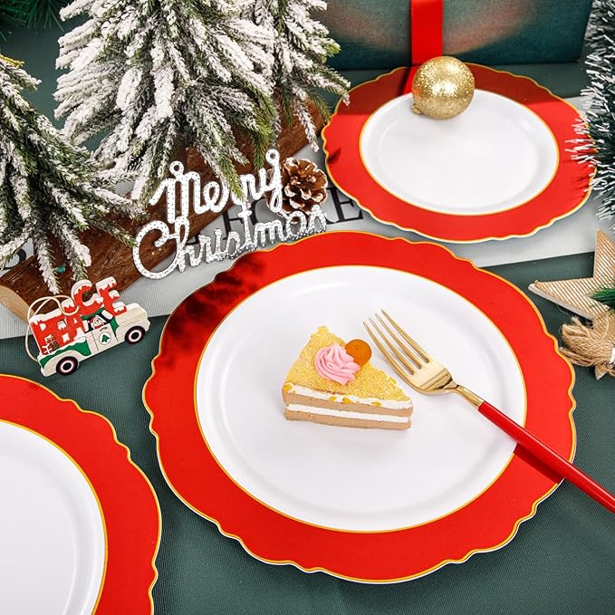 WDF 60pcs Red valentines Plastic Plates Gold Rim - 10.25inch Red Dinner Plates Disposable Plates Table Decor for Christmas Party