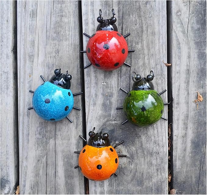 Metal Garden Decor for Outside Cute Ladybugs Art Lawn Ornaments Wall Sculptures Statues Outdoor Fence(Red)