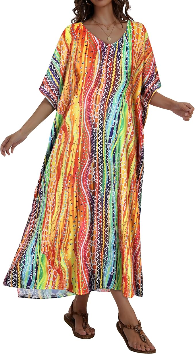 Kaftan Dresses for Women V Neck Caftan Long Batwing Sleeve Swimsuit Cover Up Beach Swimwear