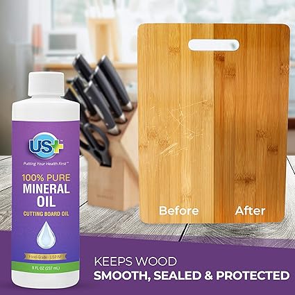 8oz US 100 Pure Mineral Oil - Cutting Board Oil - Food-Grade - USP - GMO-Free - Restores Protects Cutting Boards, Butcher Blocks, Countertops, Steel Surfaces More