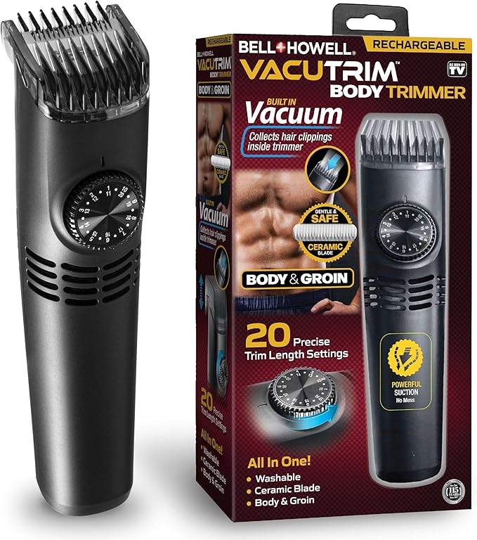 Vacutrim Cordless Body Shaver for Men, Rechargeable Grooming Tool with 20 Trim Settings, Integrated Vacuum System - Black, 7.5", As Seen On TV