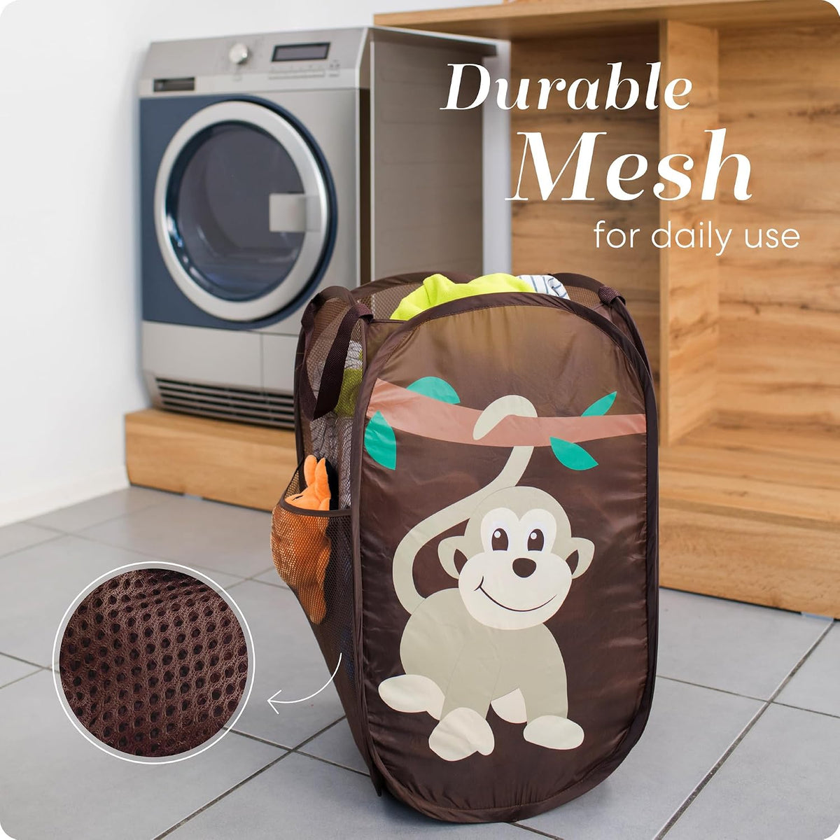 Handy Laundry Collapsible Mesh Pop Up Laundry Hamper with Side Pocket – Breathable, Space-Saving, Foldable Basket for Clothes, Toys, Travel & Storage, 14 x 13 x 24 in, Monkey