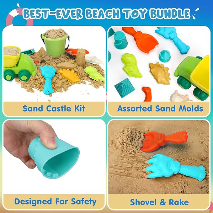 TOY Life Beach Toys for Toddler 1-3 Sand Toys for Kids Beach Toys for Kids Ages 4-8 with Bucket Dino Sand Castle Molds Sandbox Toys Beach Toys for Kids Ages 8-12 Sand Toys for Toddlers Age 2-4