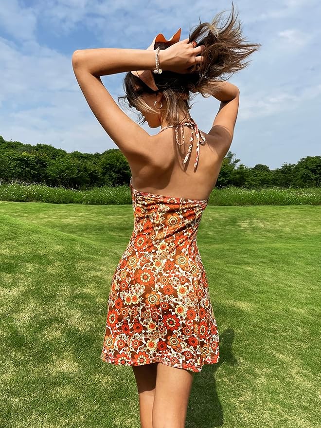 WDIRARA Women's Floral Tie Back Halter Backless Sleeveless Boho Mini Dress