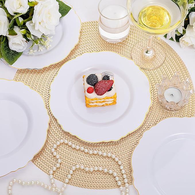 WDF 60pcs Gold Dessert Plates-7.5inch Baroque Gold Plastic Plates/White And Gold Disposable Dessert/Salad Plastic Plates for Upscale Parties &Wedding