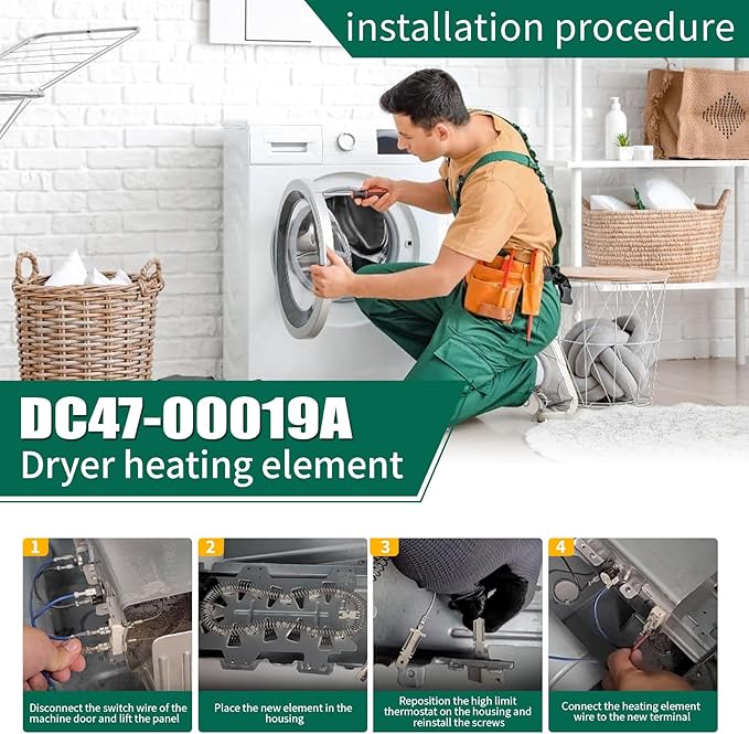 DC47-00019A Dryer Heating Element Replace 35001247, AP4045884,AH2038533, Fit for Dryer Model DVE50R5400VA3 DVE50M7450WA3 DV40J3000EWA2 DV42H5200EPA3