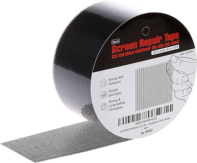 by.RHO Window Screen Repair Kit Tape (Black, 2" x 15FT) for Window Screen and Screen Door Tears Holes 3-Layer Strong Adhesive Waterproof Tape Fiberglass Covering mesh