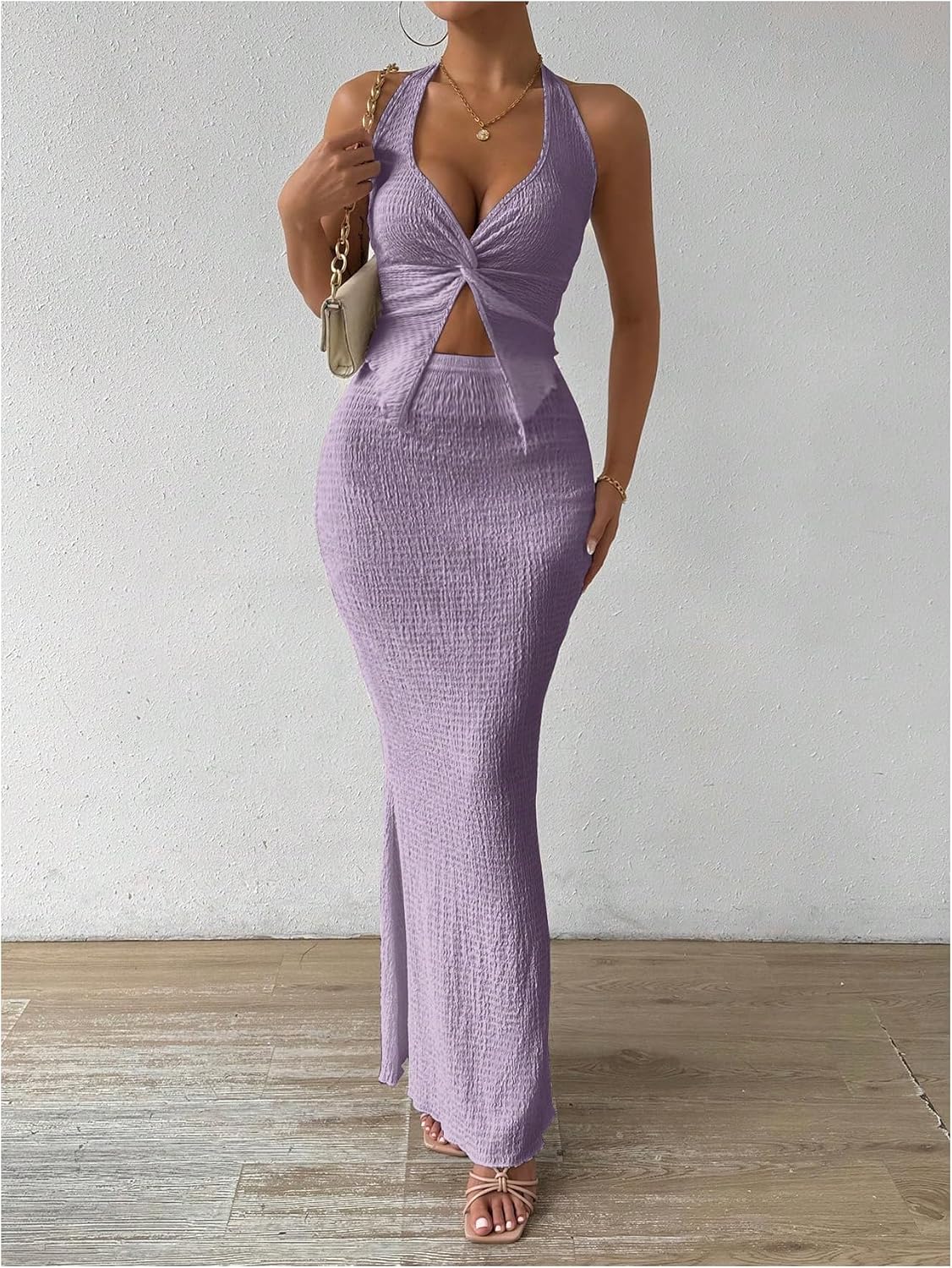 SOLY HUX Women's Two Piece Outfits Twist Front Halter Cami Tops and Skirt Summer Set