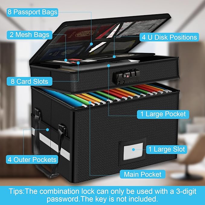RHM Fireproof document box with lock, 2-layer fireproof file box for documents with handle, portable document box for home office, secure document box for