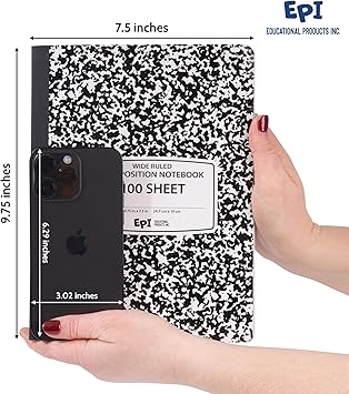 EPI Marble Hardcover Wide Ruled Composition Notebook 200 Pages (100 Sheets), 9.75 x 7.5 in, Sturdy Sewn Binding School, Office, Journaling, Notes - 6 Pack