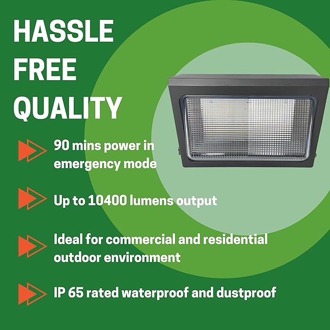 80W Non Cut Off LED Wall Pack with Emergency Battery BackupPhotocell, RoHs Compliant UL and DLC Certified LED Wall Packs Commercial, 5 Year Warranty CCT and wattage tunable