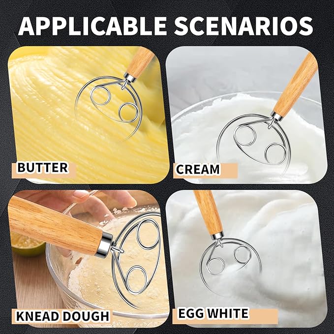 Danish Dough Whisk Stainless Steel Dough Whisk Dutch Bread Dough Hand Mixer Wooden Handle Kitchen Baking Tools Bread Making Tools and Supplies