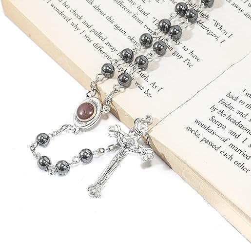 Nazareth Store unisex-adult Hematite Rosary Black Stone Beads Necklace with Jerusalem Holy Soil Cross Antique Religious Rosaries Beads Collection