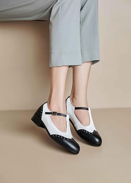 Women's Genuine Leather Mary Jane Saddle Oxford Loafers Brogue Shoes