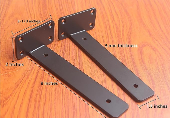 2 Pack - 8 inch Black Hidden L Shelf Bracket (15 Inch Thicked) Iron Floating Shelf Brackets Rustic Industrial Metal Brackets for Shelf Support