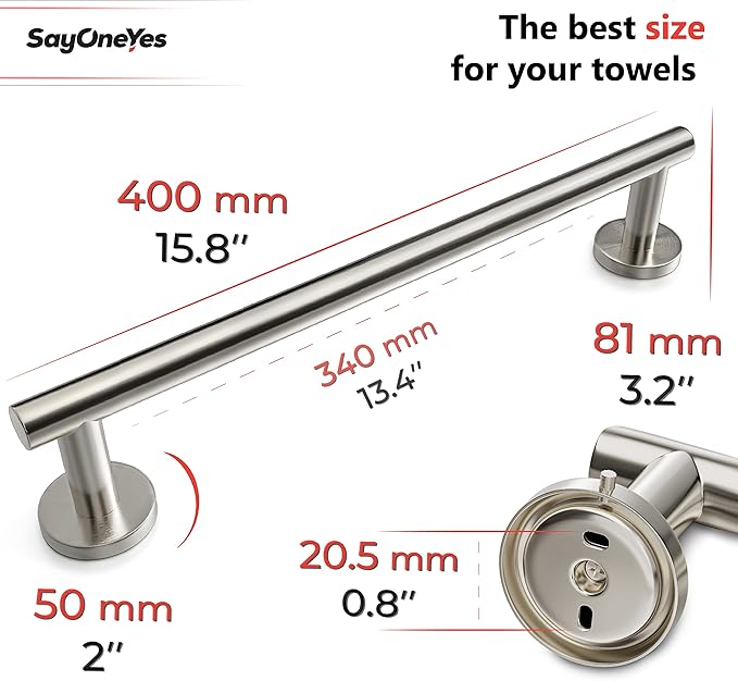 Brushed Nickel Towel Bar 16 Inch Heavy Duty Stainless Steel SUS304 Towel Holder Rack for Bathroom, Kitchen, Bedroom Wall Mounted - Single Layer Shower Towel Hanger Rod