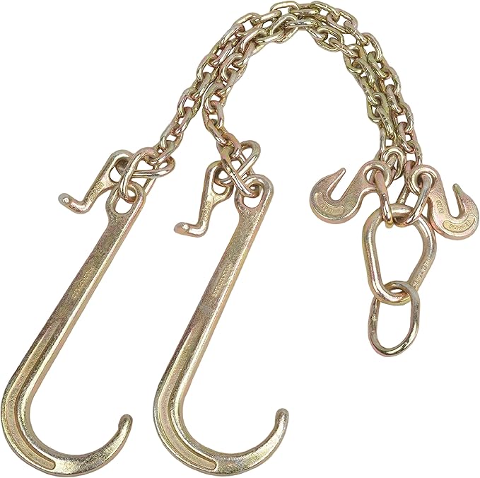 38" x 2' G70 Tow Chain V- Bridle with 15" Long Shank J Hooks and Grab Hooks, Flatbed Truck Trailer Safety Tow Chain, 7,800 lbs Safe Working Load