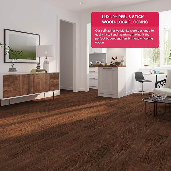 LUCiDA SURFACES Luxury Vinyl Flooring Tiles Peel and Stick Floor Tile for DIY Installation 12 Wood Look Planks Chestnut BaseCore 18 Sq. Feet