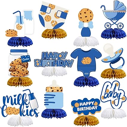 12 Pcs Milk and Cookies 1st Birthday Party Decorations Milk and Cookie Table Decor Baby Shower Happy Birthday Honeycomb Centerpieces Table Decorations for 1st Party Supplies