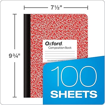 Oxford Composition Notebook 6 Pack, College Ruled Paper, 9-34 x 7-12 Inches, 100 Sheets, Assorted Marble Covers. 2 Each: Blue, Green, Red (63763)