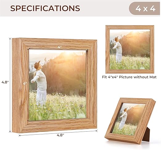 4x4 Picture Frame, Solid White Oak Wood Frame 4 by 4, 4 x 4 Square Photo Frame with Tempered Real Glass, Rustic Wooden Frame 4"x4" for Wall & Tabletop Display, Natural Color, Set of 2