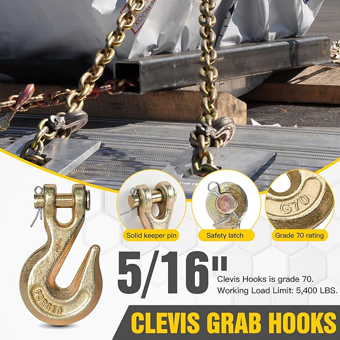 5/16" Clevis Grab Hooks (4 Pack) Heavy Duty Chain Hook for 5/16 Inch Grade 70 Chain Forged Alloy Steel- for Trailer Truck Transport - Yellow Chromate Finish - 5,400 lbs