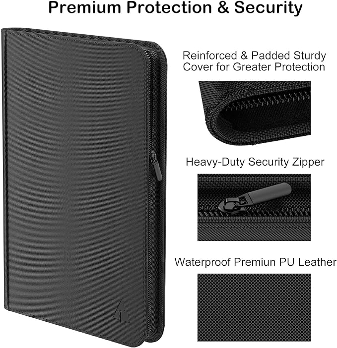 Rayvol Premium 1000 Pockets Card Binder, 16-Pocket Ringless Trading Card Album Folder - Side Loading UltraSonic-161024 Tech Zip Binder for TCG -Black