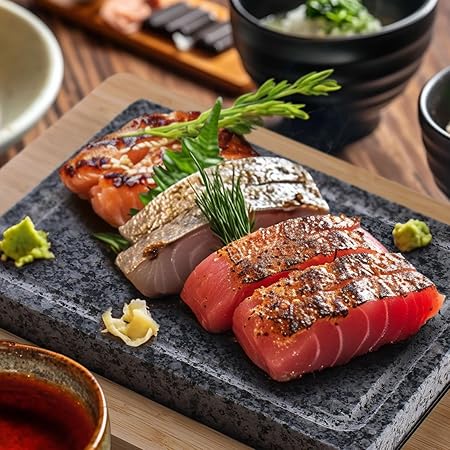 Artestia Cooking Stone for Steak with Double Granite Stones, Sizzling Steak Stone Cooking Set for BBQHibachiSteak Grill (2PCS Granite Stones 1PC Bamboo Tray)