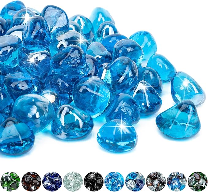 Mr. Fireglass 10 lb Fire Glass Mixed Diamonds for Fireplace, Fire Pit & Landscape Lanscaping - 1 Inch High Glitter Blue Caribbean Fire Rocks